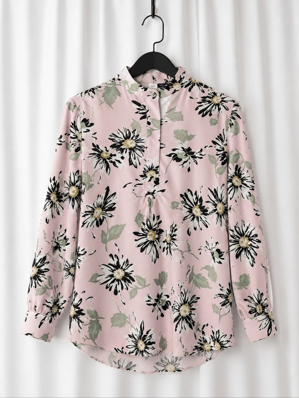 Anne Klein Pink Daisy Print Mock Neck Long Sleeve Career Wear Popover Blouse